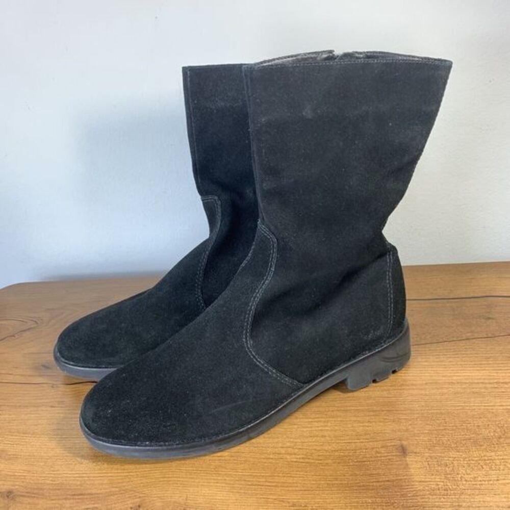 Talbots Hopy Boots Black Leather Suede Round Toe Block Heel 8 Made in Brazil